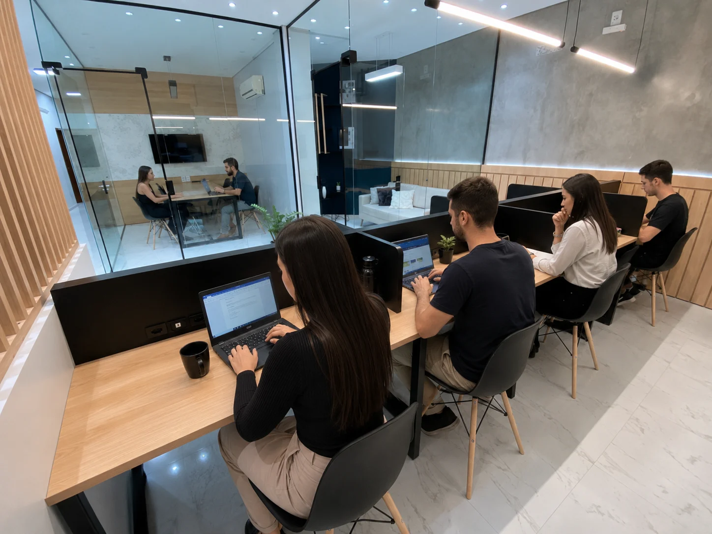 Equipe utilizando a área de coworking da Vera Cruz